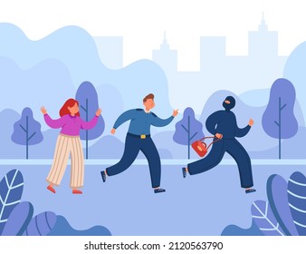 Police officer running after thief with bag of woman. Policeman arresting criminal, man under arrest flat vector illustration. Security, law concept for banner, website design or landing web page