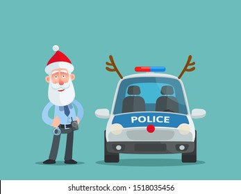 Police officer in Santa Claus costume, car with deer horns and nose. Christmas and New year greeting from police station. Vector illustration, flat design, cartoon style. Isolated background.