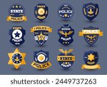 Police officer seal. Policeman badges and sheriff emblems with star and shield, law enforcement insignia flat style. Vector collection of badge security patrol illustration