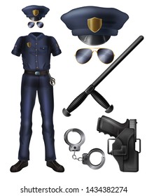 警察官または警備員の制服 武器 アクセサリーのカートーンベクター画像セット 警官の衣装 ピークのとがった帽子 サングラス ホルスターのハンドガン 手錠 ゴム製のバトン 分離イラスト のベクター画像素材 ロイヤリティフリー Shutterstock