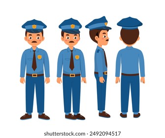 Police officer set. Sheriff with badge in uniform. Pack of characters in different viewing angles. Design elements for creating animations. Protection and safety. Flat vector collection