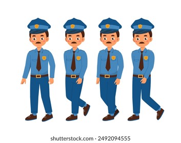 Police officer set. Sheriff with badge in uniform. Pack of characters in different viewing angles. Design elements for creating animations. Flat vector collection isolated on white background