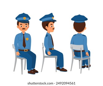 Polizist gesetzt. Sheriff mit Abzeichen in Uniform sitzt am Stuhl. Zeichensatz für Konstruktoren. Design-Elemente zum Erstellen von Animationen. Schutz und Sicherheit. Flache Vektorgrafik Kollektion