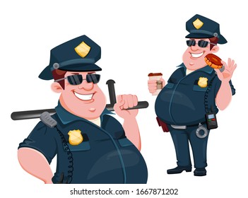 Police officer, set of two poses. Cheerful cartoon character. Vector illustration isolated on white background