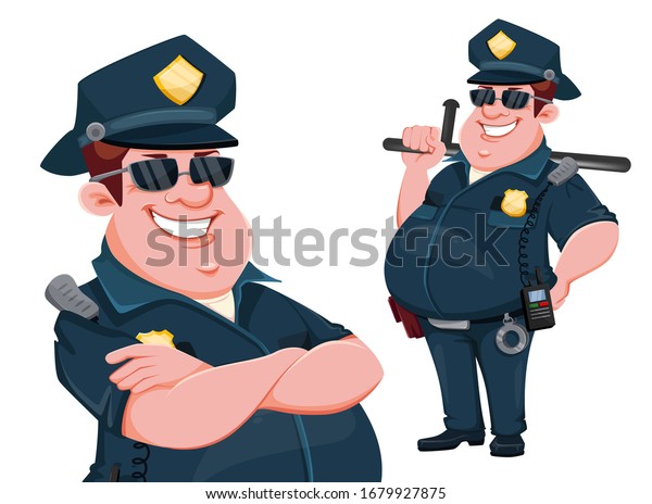 警官 2つのポーズのセット 陽気な漫画のキャラクター 白い背景にベクターイラスト のベクター画像素材 ロイヤリティフリー