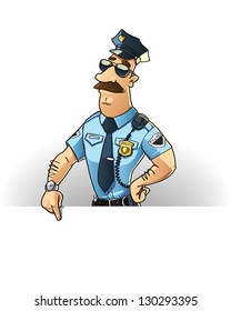 police officer showing blank signboard. cartoon personage isolated on white background. vector illustration
