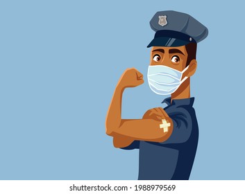 
Police Officer Showing Vaccinated Arm Vector Illustration. Essential public service worker getting immunity trough anti-viral vaccination at work
