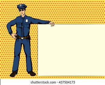 Police officer shows ads. Retro comics Vector illustration