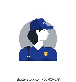 Police officer side view, turned head, woman in uniform. Flat design vector illustration. Female character turned head