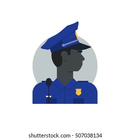 Police officer side view, turned head, black man. Flat design vector illustration. Male character turned head