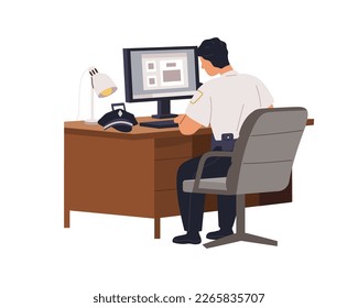 Police officer sitting at computer desk in office. Policeman cop in uniform works in chair at table at crime investigation department, bureau. Flat vector illustration isolated on white background