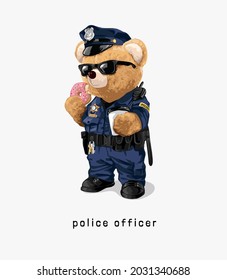 police officer slogan with bear doll police holding coffee cup and doughnut vector illustration