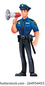 Police officer speaking through megaphone. Vector cartoon character illustration