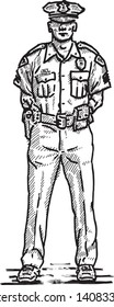 A police officer standing at attention. Hand drawn vector illustration. 