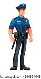 Police officer standing confidently in his uniform with a hat and badge. Vector cartoon character illustration
