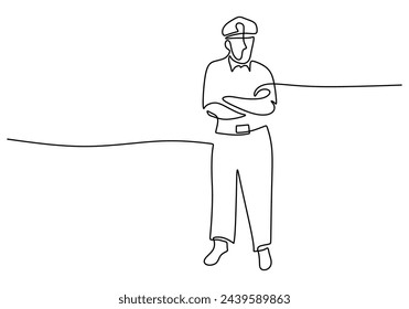 Police officer standing crossing arm isolated on a white background in one Continuous line drawing art.