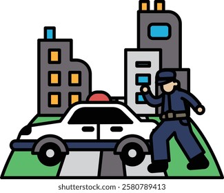 A police officer is standing in front of a car, holding a stop sign. The scene is set in a city with tall buildings in the background. Scene is serious and authoritative