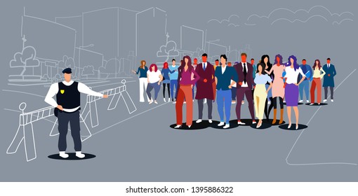 police officer standing in front of crowd policeman in uniform controlling people at demonstration protest strike concept city street cityscape background sketch doodle horizontal full length