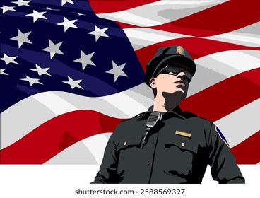 Police officer standing in front of waving american flag, representing safety and security of the nation