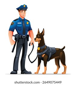 Police officer standing with his Doberman K9 partner, highlighting their dedicated partnership. Vector cartoon illustration