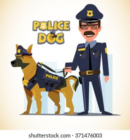 police officer standing with his partner. police dog. character design - vector illustration