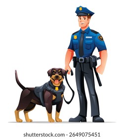 Police officer standing with his Rottweiler K9 partner, ready for their important duties. Vector cartoon illustration