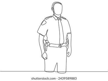 Police officer standing isolated on a white background in one Continuous line drawing art.