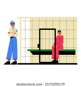 Police Officer Standing Near Male Prisoner In Jail Cell In Flat Vector Illustration Symbolizing Law Enforcement, Crime, And Justice, Isolated On White Background.