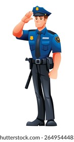 Police officer standing and saluting, showing respect and professionalism in his duties. Vector cartoon character illustration
