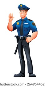Police officer standing and waving, displaying a friendly and approachable demeanor. Vector cartoon character illustration