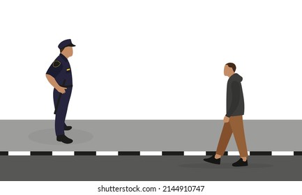 A Police Officer Stands On The Sidewalk And Looks At A Male Character Walking Along The Road