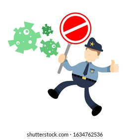 police officer stop against corona virus pathogen cartoon doodle flat design style vector illustration