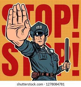 police officer stop gesture. Pop art retro vector illustration kitsch vintage