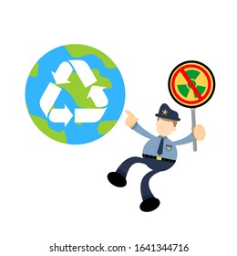 police officer and stop nuclear activity healthy world recycle cartoon doodle flat design style vector illustration
