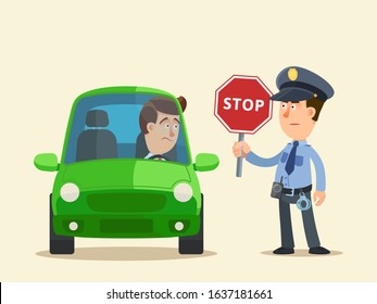 A police officer stopped the car for inspection holding a red stop sign in his hand. Confused driver looking to policeman. Vector illustration flat design cartoon style, isolated background.