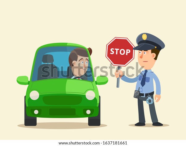 A police officer stopped the car for\
inspection holding a red stop sign in his hand. Confused driver\
looking to policeman. Vector illustration flat design cartoon\
style, isolated background.