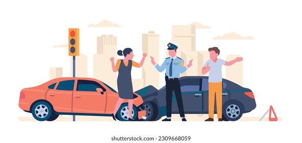 Police officer stopped conflict between drivers involved in traffic accident. Automobiles collision. Smashed cars. Man and woman quarrel. Policeman talking with angry