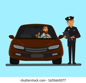 A police officer stopped a drunk driver. Drunk driver. Vector illustration.