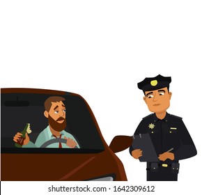 A police officer stopped a drunk driver. Vector illustration in cartoon style.