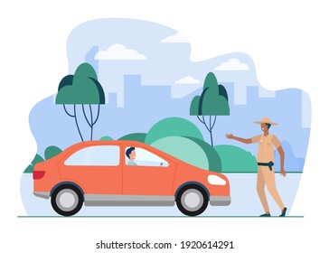 Police officer stopping automobile on road. Car, diver, rule flat vector illustration. Traffic and violation concept for banner, website design or landing web page