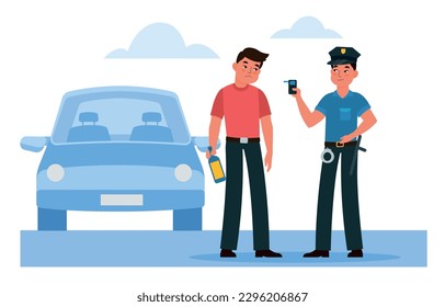 Police officer stops drunk driver and suggests he take breathalyzer test. Alcohol testing. Man character holding bottle. Dangerous behavior on the road. Cartoon flat isolated vector concept