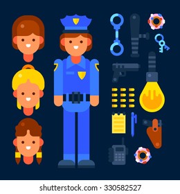 Police officer and police stuff. Vector flat illustration.