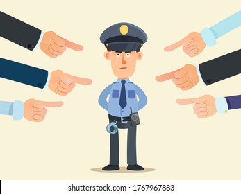 Police Officer Surrounded By Hands With Index Fingers Pointing At Him. Concept Of Public Blaming Of Policeman, Abuse Of Authority And Force Of Cops, Violence. Vector Illustration Flat Cartoon Isolated