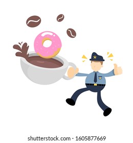 police officer and sweet doughnut drink coffee cup cartoon doodle flat design style vector illustration