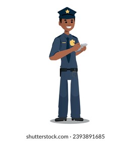 police officer taking notes in a notepad, vector illustration of a man in a police uniform