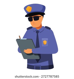 Polizeibeamter, der Notizen auf einem Klemmbrett macht und seine Aufgaben während einer Untersuchung oder Patrouille ausführt