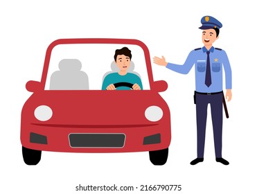 Police officer talking with driver tourist in flat design on white background.