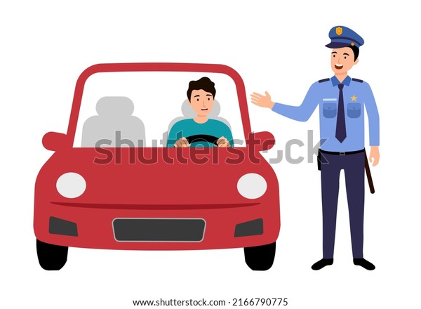 Police officer talking with driver tourist in\
flat design on white\
background.