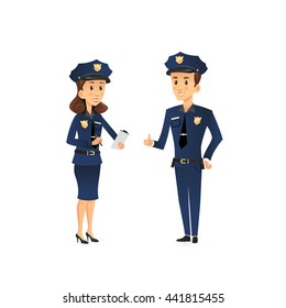 Police officer team man and woman isolated. Cartoon style characters Vector illustration  Blue Uniform