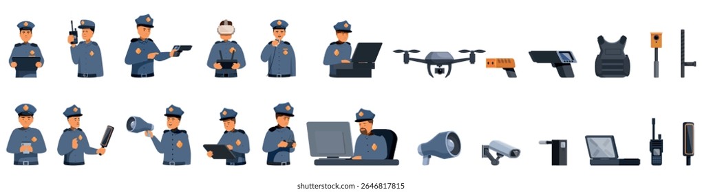  Police officer technology icons set. Police officers using various technologies and equipment, ensuring public safety and order